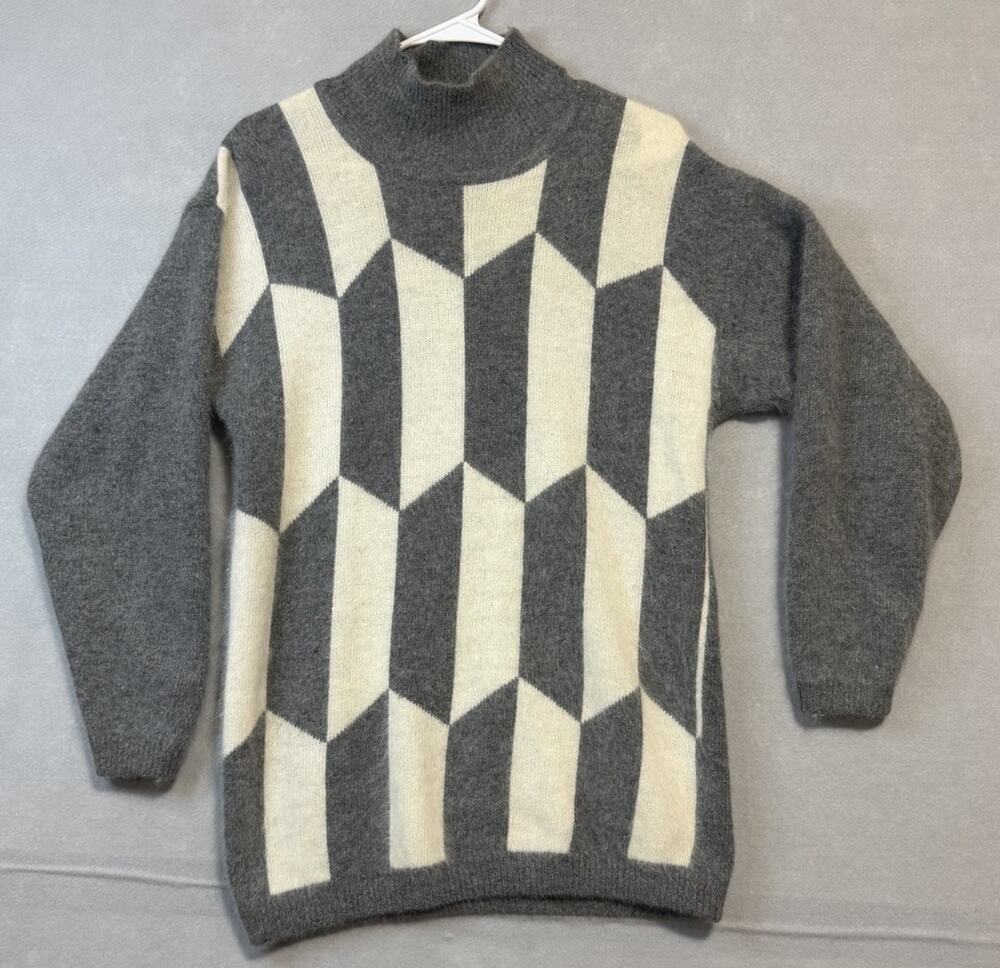 Vintage Richard and Company Gray Geometric Wool Sweater XS Mock Neck Pullover